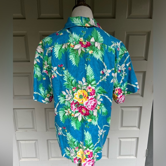 Lauren Ralph Lauren Turquoise Blue Linen Floral Linen Button Down Shirt - Picture 2 of 6